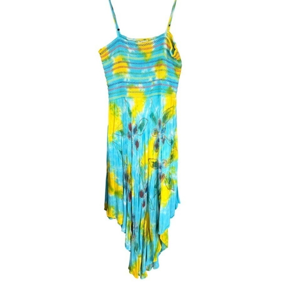 T11 1990s Vintage Metropolitan Tie Dye Floral Strappy Midi‎ Dress X Large Rayon